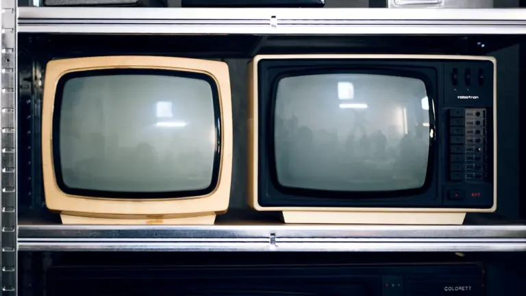 Zwei historische Fernsehgeräte in einem Regal als Zeugen des Alltags in der DDR.