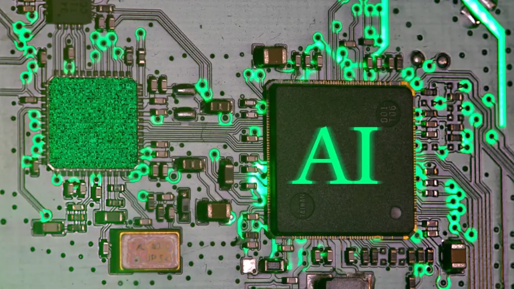 Leuchtender KI-Chip auf einer technischen Leiterplatte als Symbol für die Digitalisierung.