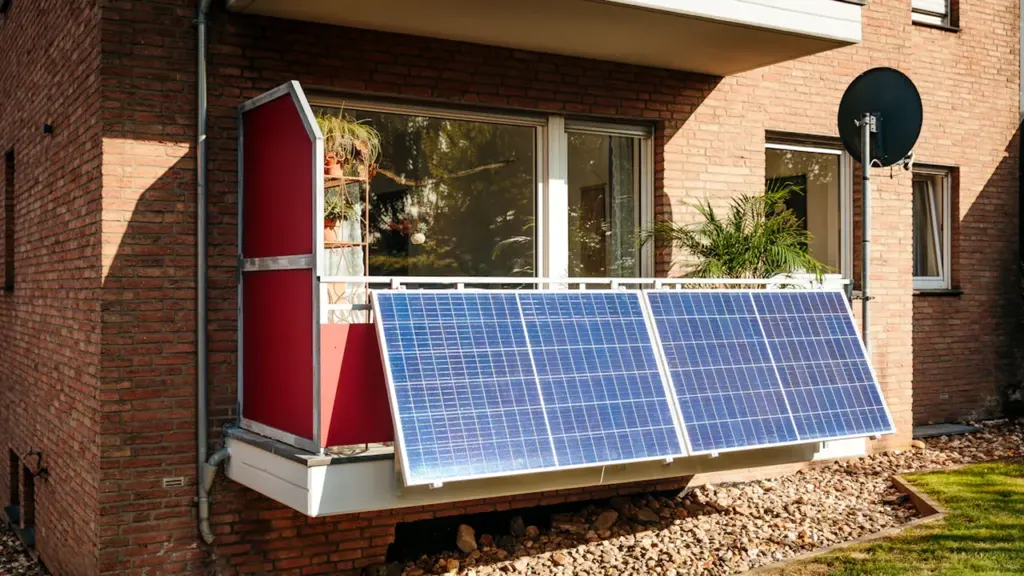 Ein Balkonkraftwerk mit Solarmodulen an der Brüstung eines typischen deutschen Backsteingebäudes.