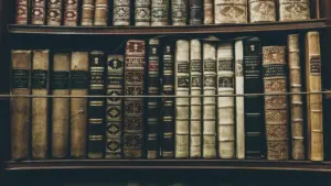 Eine beeindruckende Sammlung historischer Bücher in einem klassisch eingerichteten Bücherregal.