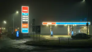 Eine beleuchtete Tankstelle in der Nacht bei nebligem Wetter an einer Straße.