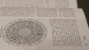 Ein offenes Buch mit astrologischen Symbolen und Tierkreiszeichen auf einer illustrierten Seite.