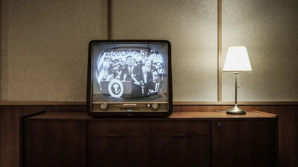 Ein klassischer Röhrenfernseher in einem gemütlichen Wohnzimmer mit eingeschaltetem Bildschirm.
