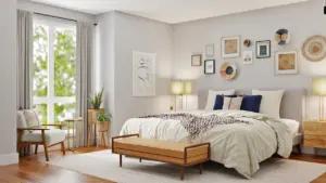 Ein helles, modern eingerichtetes Schlafzimmer mit einem gemütlichen Doppelbett und Wanddekoration.