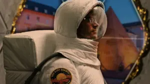 Ein Mann mit Brille trägt einen weißen Astronautenanzug mit dem Abzeichen Red Dust Society.