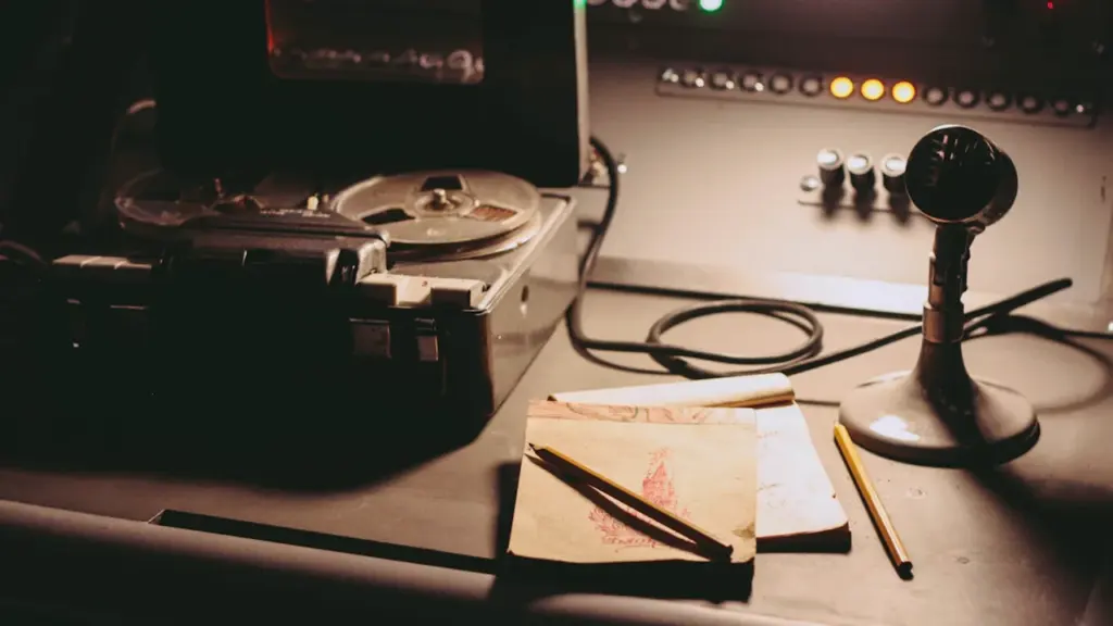 Ein Vintage-Tonbandgerät und ein klassisches Mikrofon in einem professionellen Radio-Studio-Umfeld.