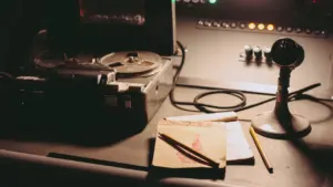 Ein Vintage-Tonbandgerät und ein klassisches Mikrofon in einem professionellen Radio-Studio-Umfeld.