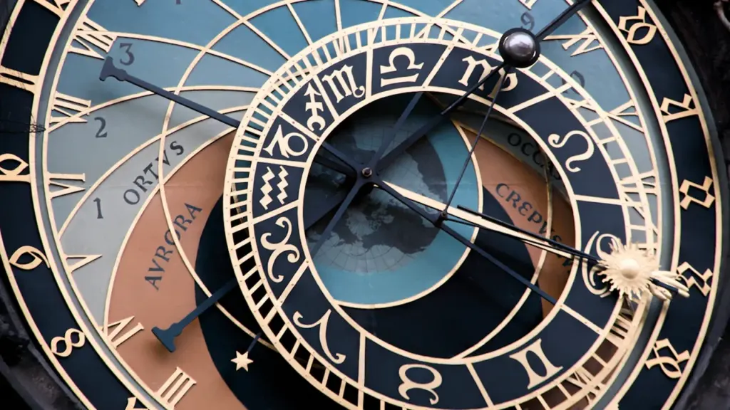 Detailaufnahme des historischen astronomischen Uhrwerks in Prag mit goldenen Sternzeichen und römischen Ziffern.
