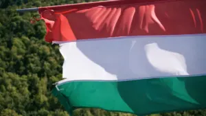 Die ungarische Flagge weht symbolisch über einer bewaldeten Landschaft als Zeichen des Widerstands.