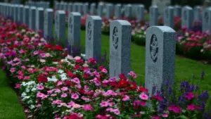 Reihen von Grabsteinen mit blühenden Blumen auf einem friedlichen deutschen Friedhof bei Dämmerung.